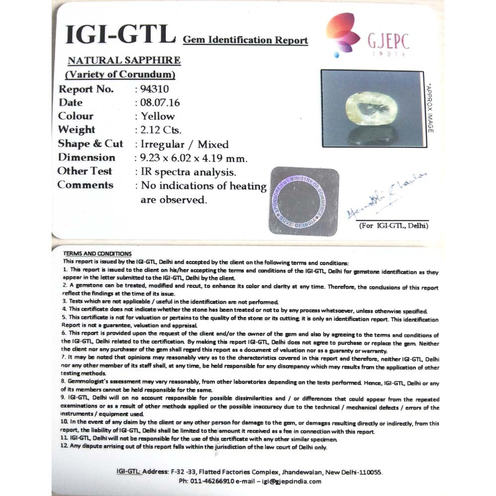 2.36 Ratti yellow sapphire with Govt Lab Certificate-(YELSA9T)