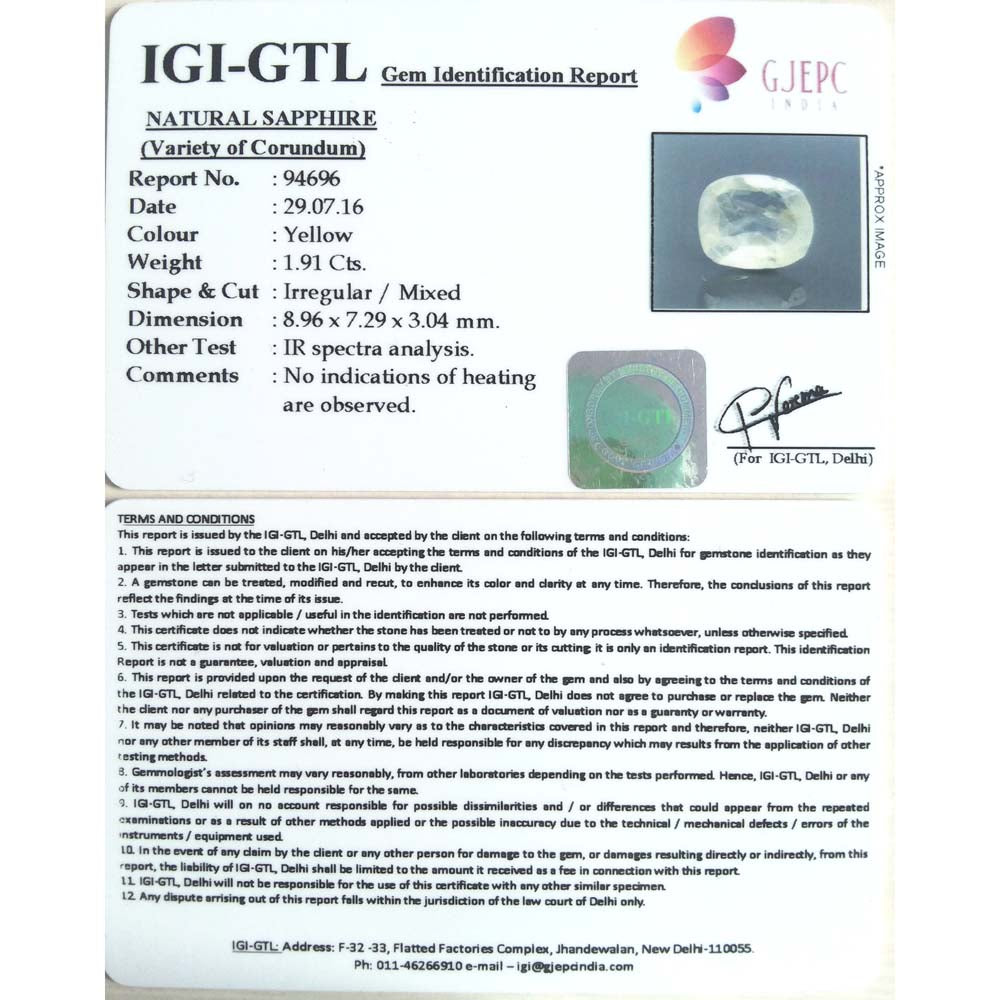 2.12 Ratti yellow sapphire with Govt Lab Certificate-(YELSA9S)