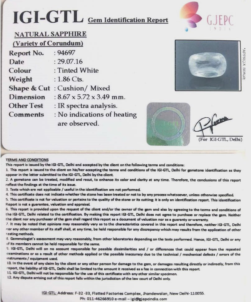 1.86/CT Natural White sapphire with Govt Lab Certificate-94697