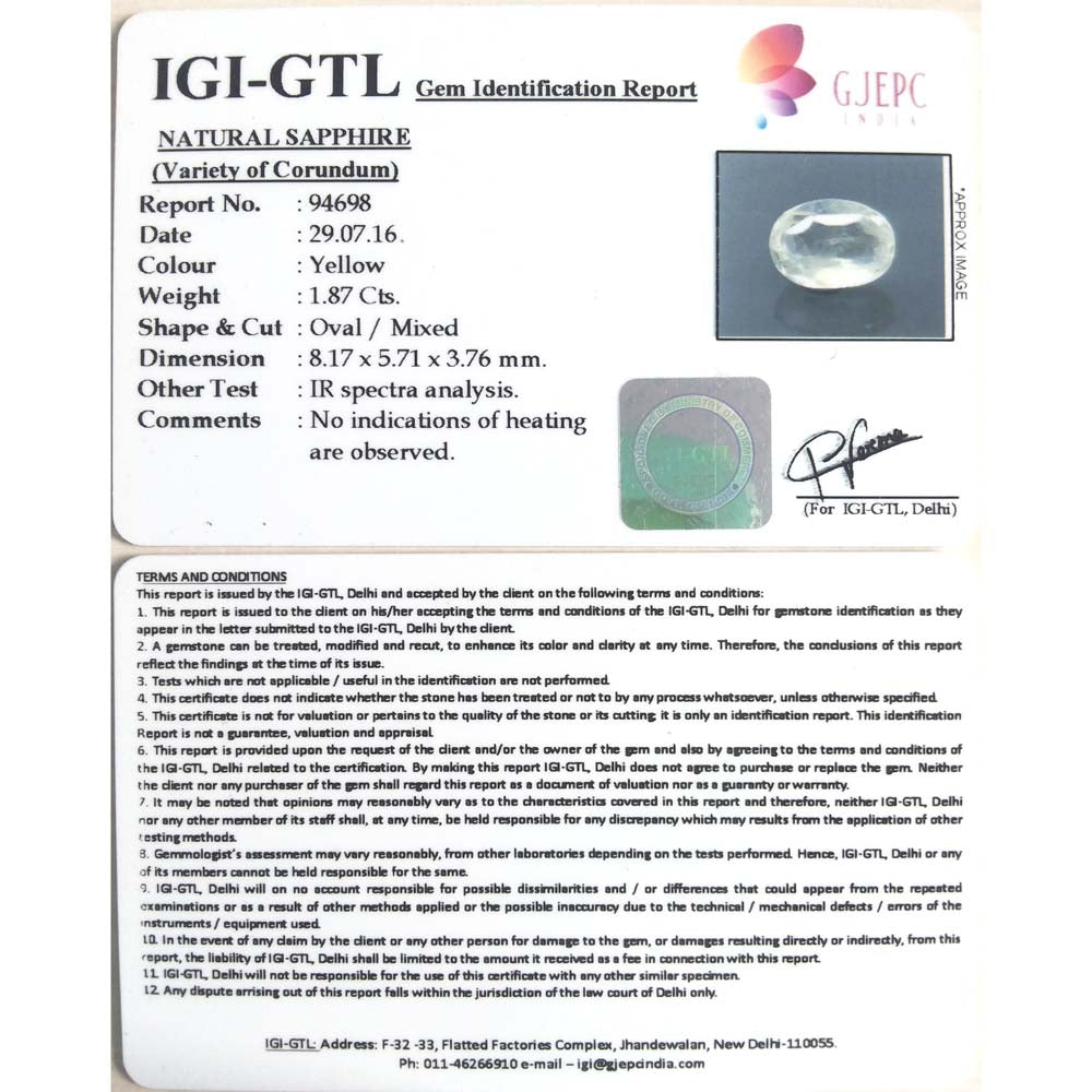 2.08 Ratti yellow sapphire with Govt Lab Certificate-(YELSA9S)
