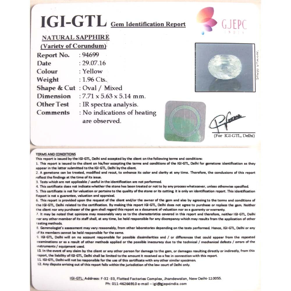 2.18 Ratti yellow sapphire with Govt Lab Certificate-(8100)