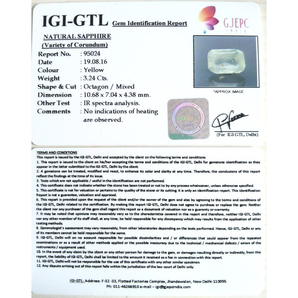 3.60 Ratti yellow sapphire with Govt Lab Certificate-(6100)