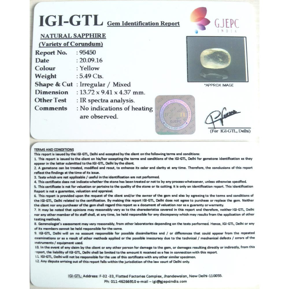 6.10 Ratti yellow sapphire with Govt Lab Certificate-(YELSA9T)