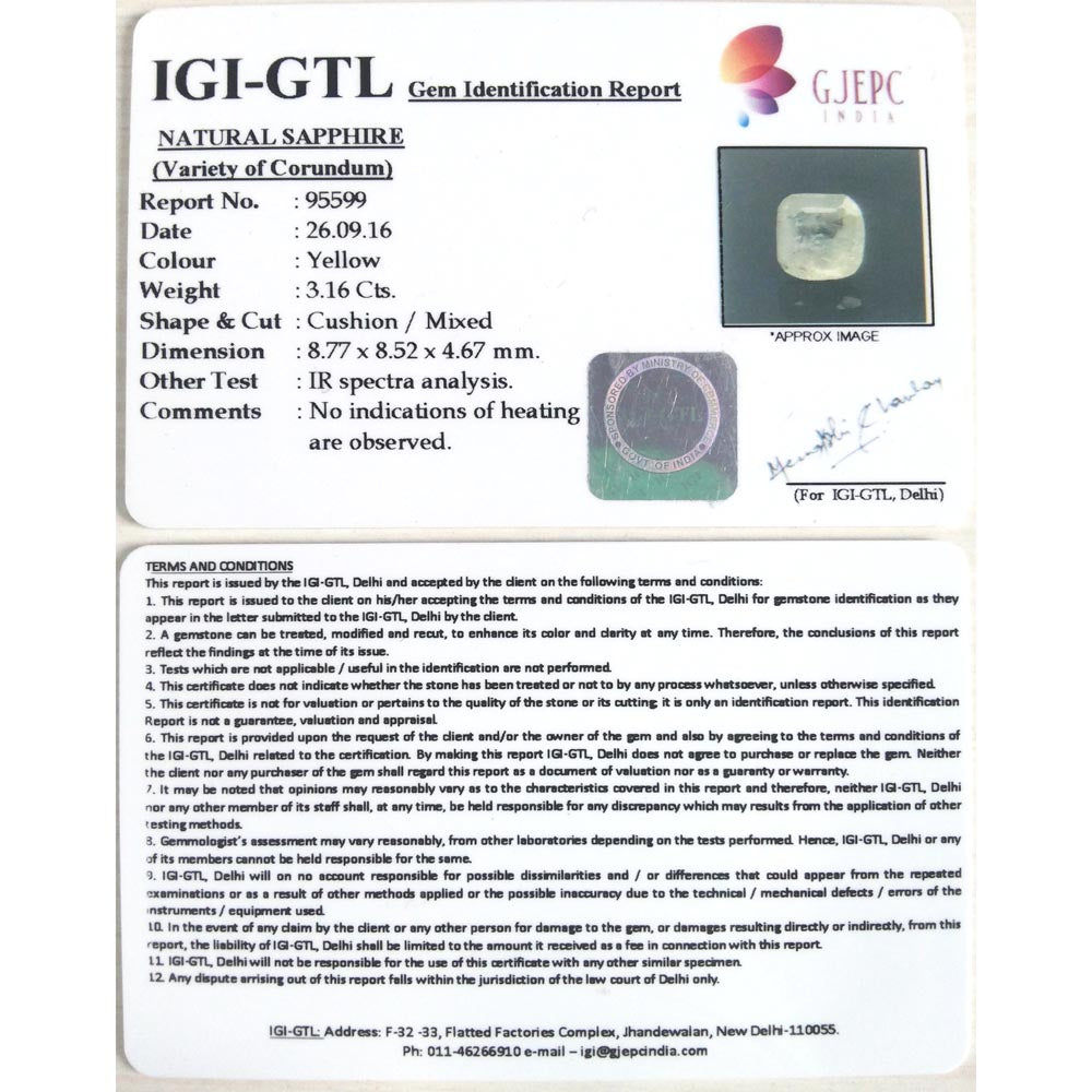 3.51 Ratti yellow sapphire with Govt Lab Certificate-(YELSA9T)