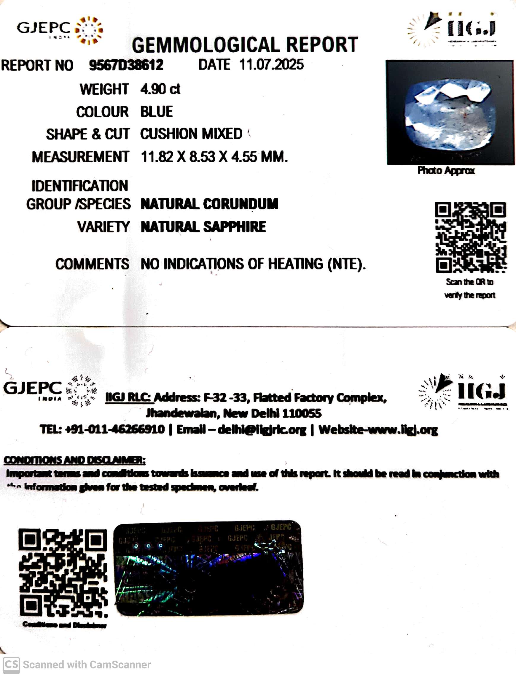 4.90/CT Natural Blue Sapphire with Govt Lab Certificate ( 45510)