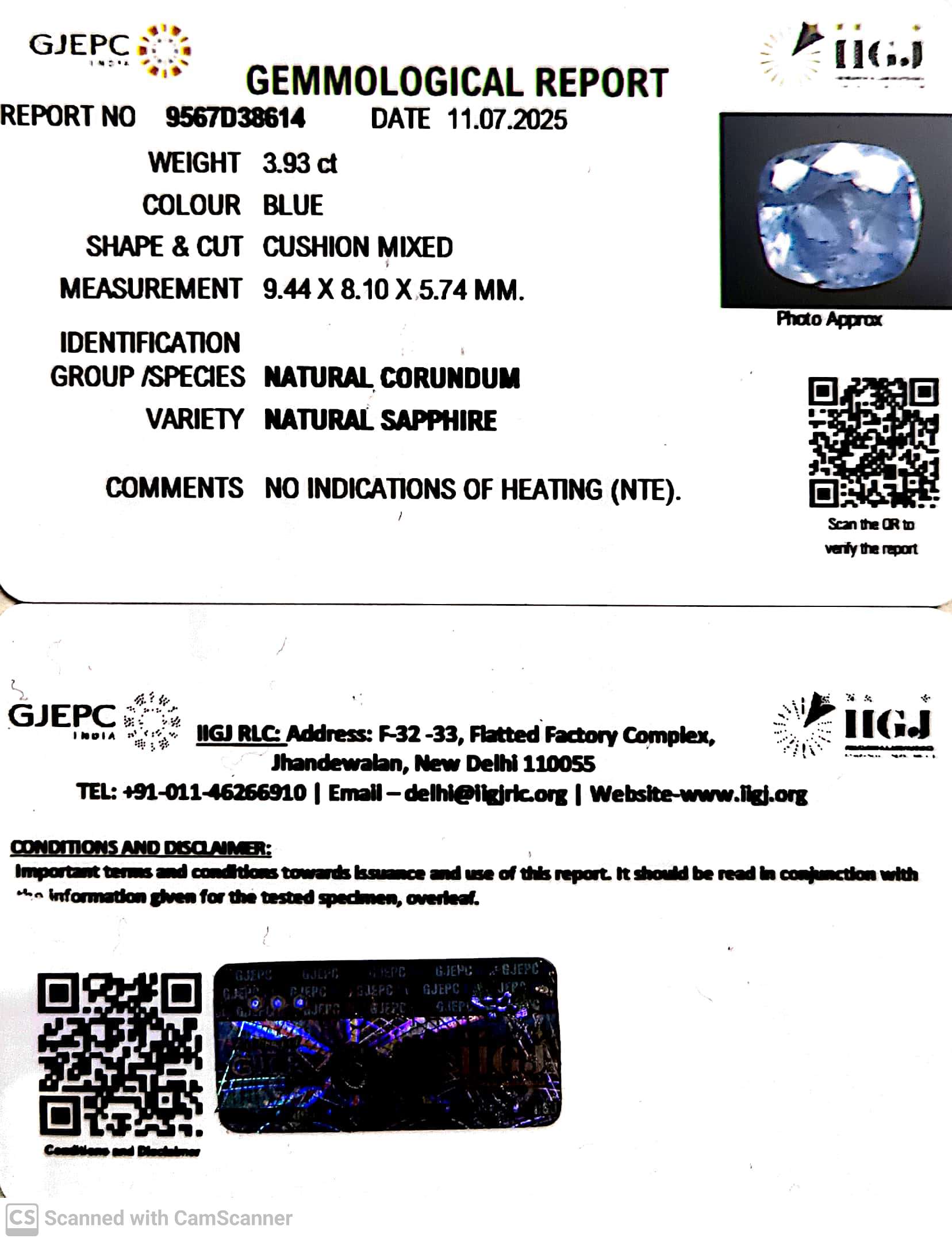 3.93/CT Natural Blue Sapphire with Govt Lab Certificate ( 34410)