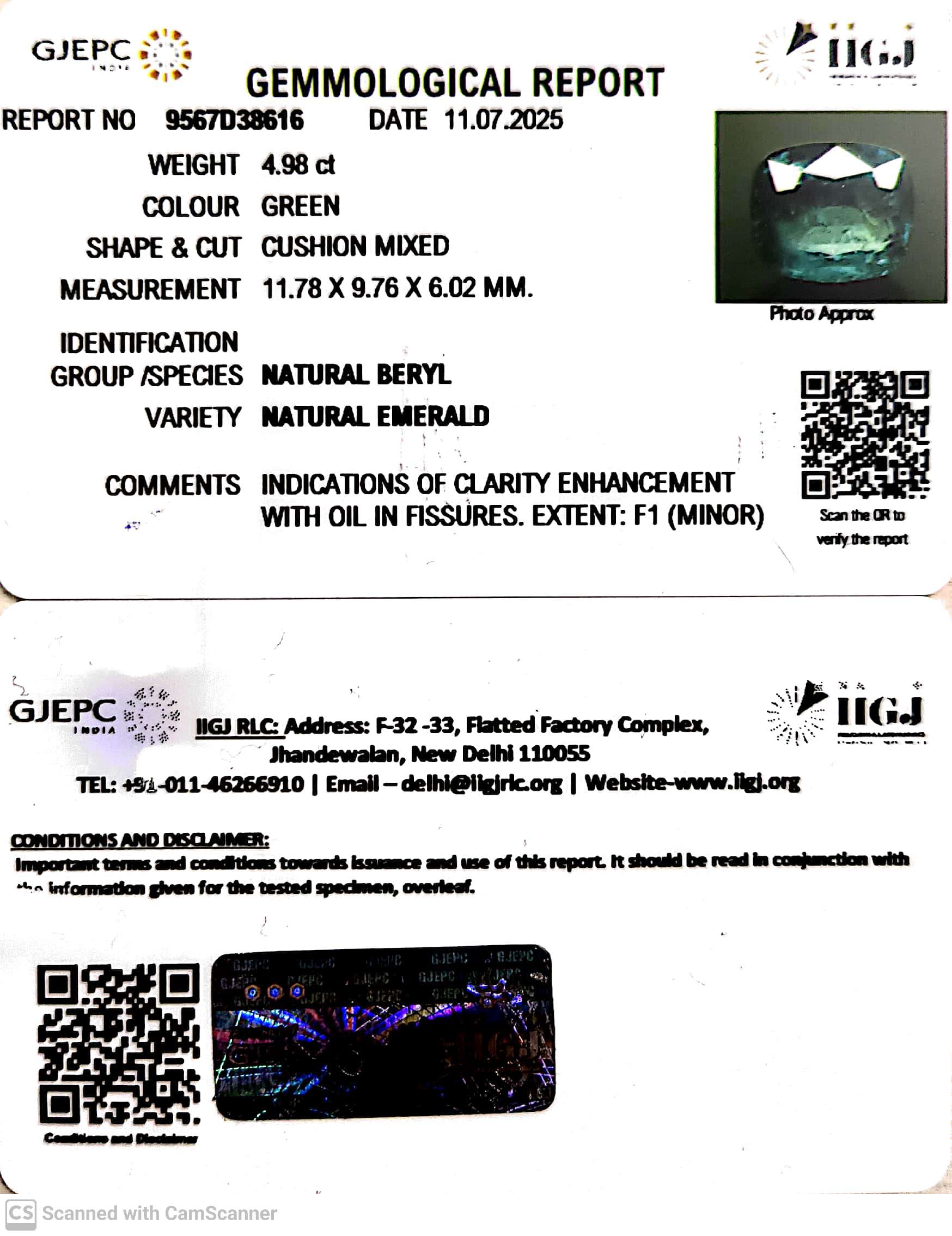 4.98/CT Natural Panna Stone with Govt. Lab Certificate (56610)