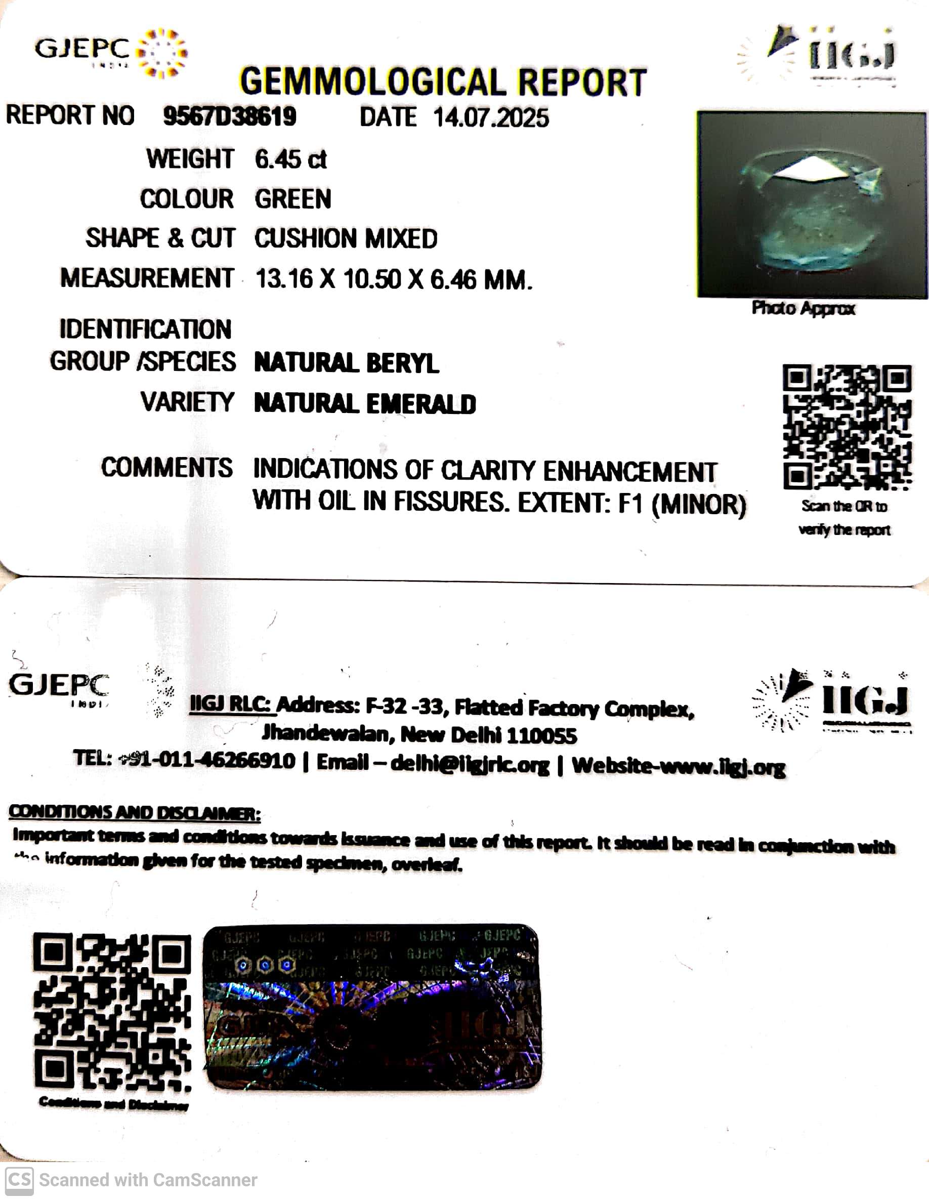 6.45/CT Natural Panna Stone with Govt. Lab Certificate (56610)