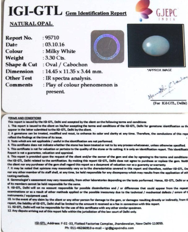 3.30/CT Natural Opal with Govt. Lab Certificate (4551)