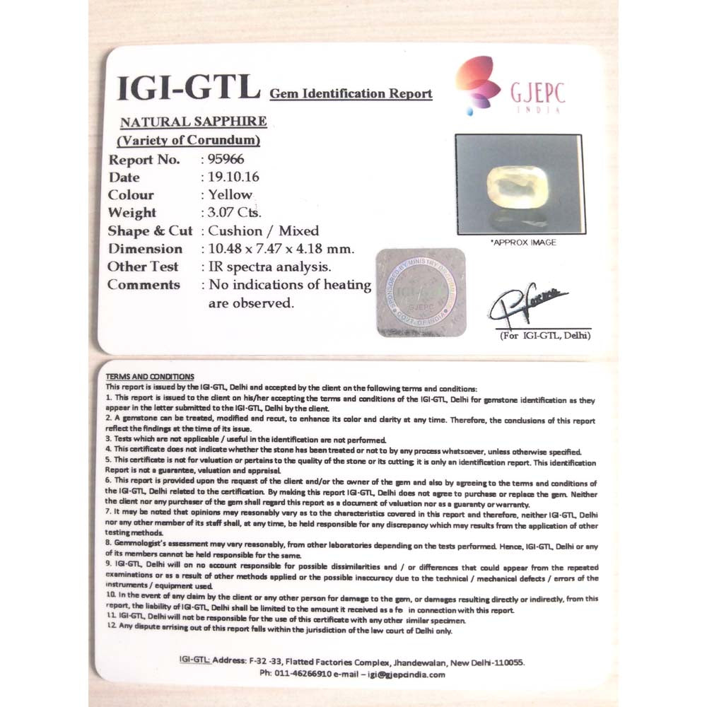 3.41 Ratti Natural yellow sapphire with Govt Lab Certificate-(45510)