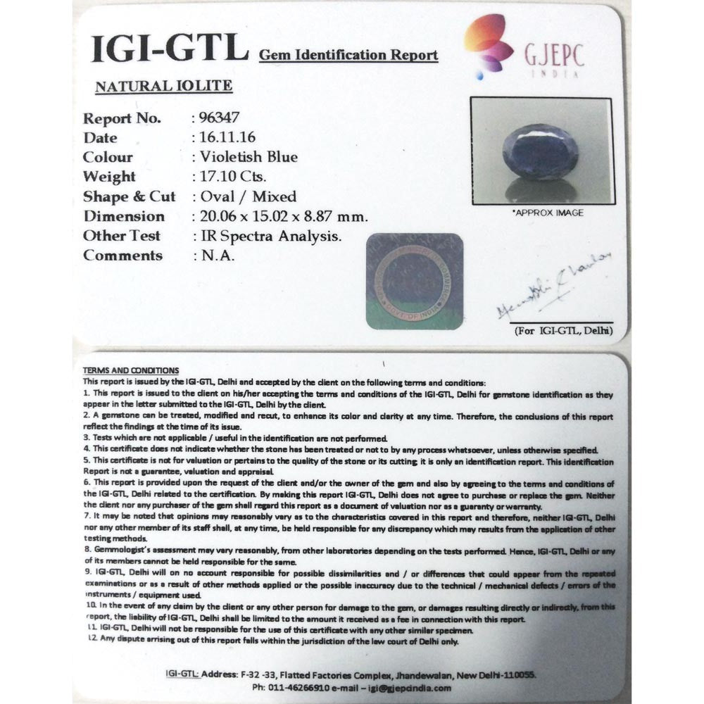 19.00 Ratti Iolite with Govt. Lab Certificate