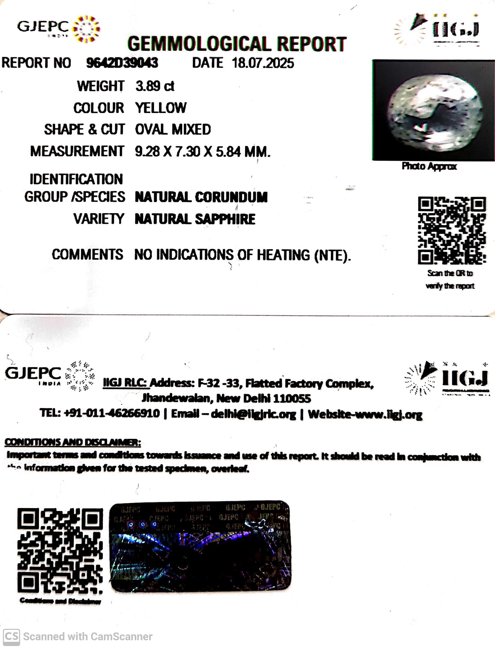 3.89/CT Natural Yellow Sapphire With Govt Lab Certificate (89910)