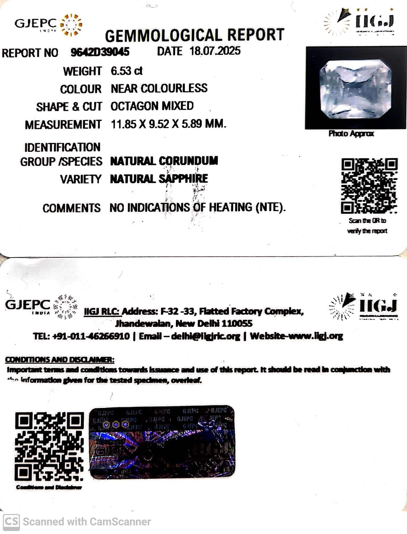 6.53/CT Natural White Sapphire with Govt Lab Certificate (110000)