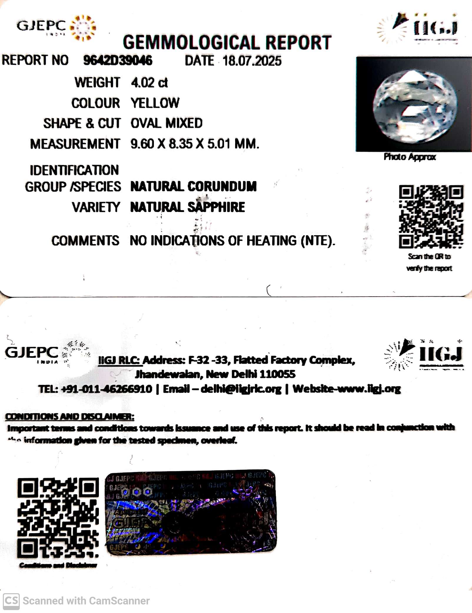 4.02/CT Natural Yellow Sapphire With Govt Lab Certificate (45510)