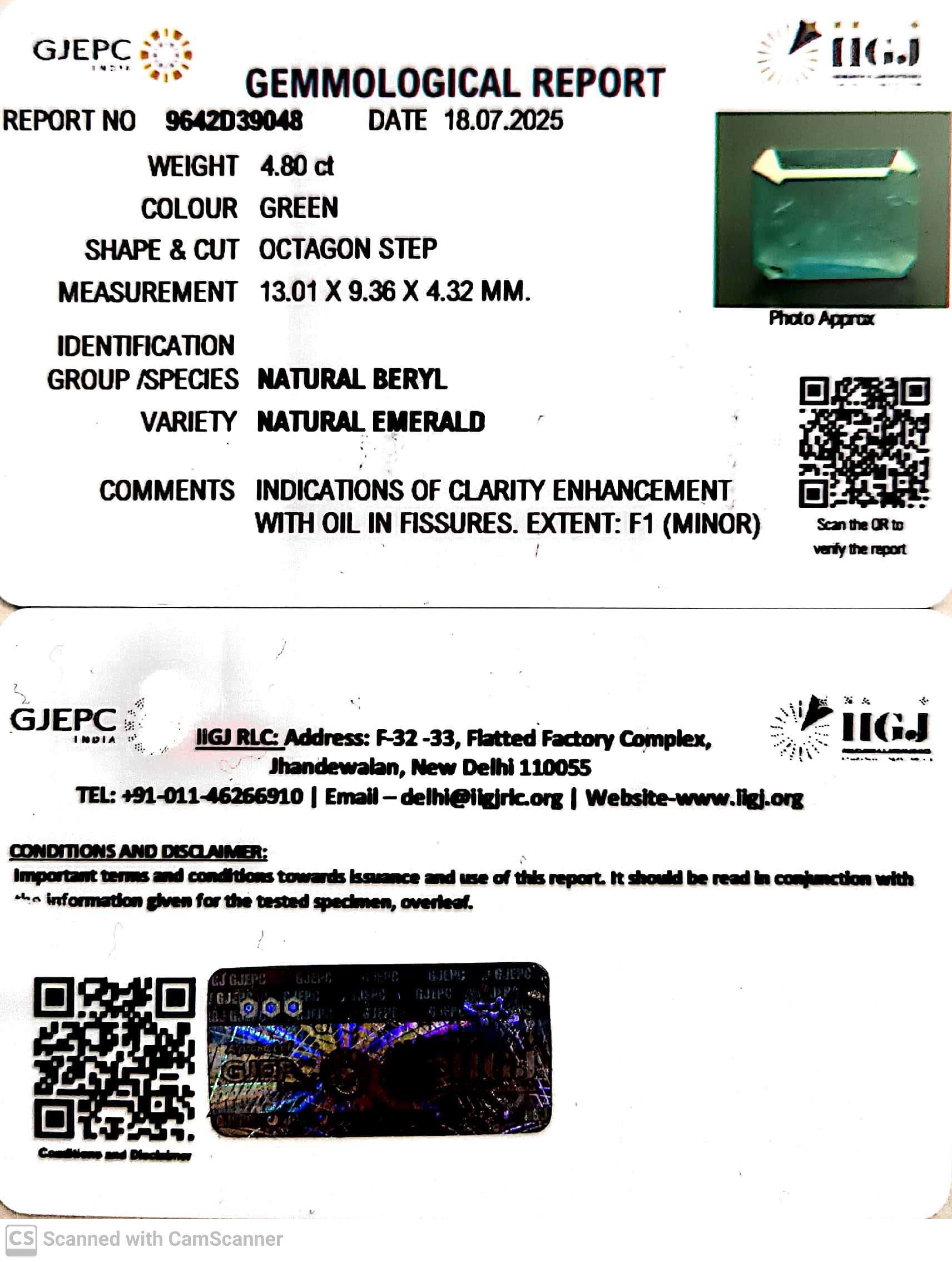 4.80/CT Natural Panna Stone with Govt. Lab Certificate (56610)