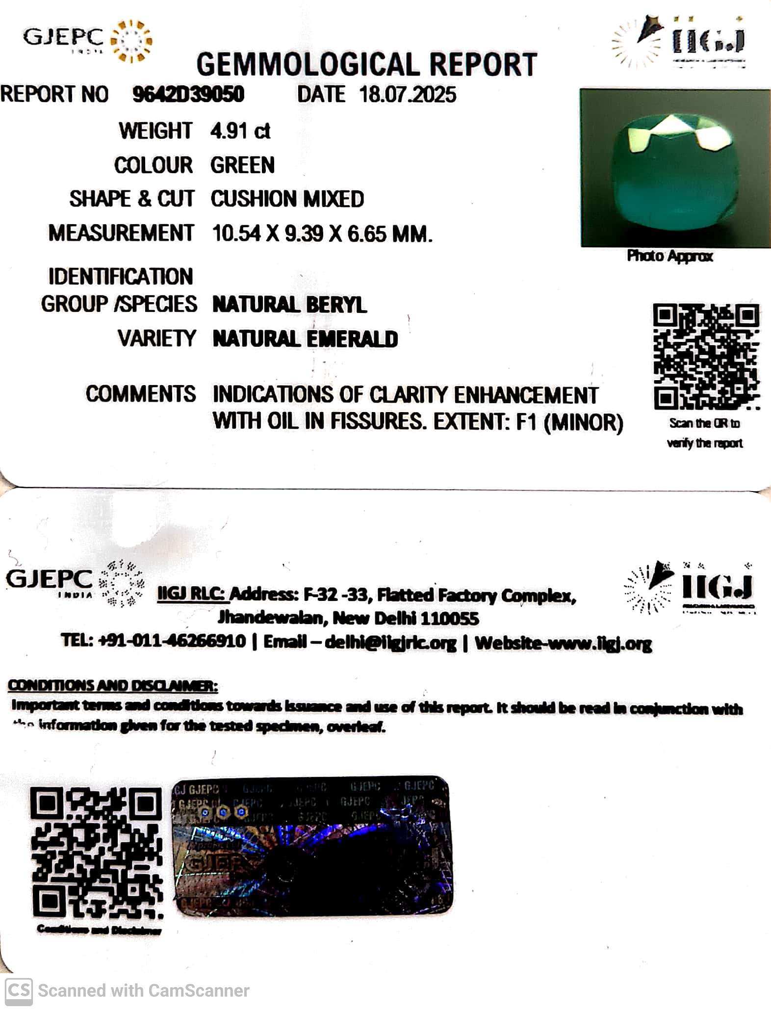 4.91/CT Natural Panna Stone with Govt. Lab Certificate (56610)