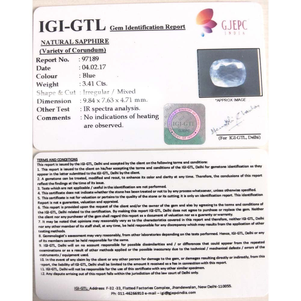 3.41/CT Natural Blue Sapphire with Govt Lab Certificate-BLUSA9U