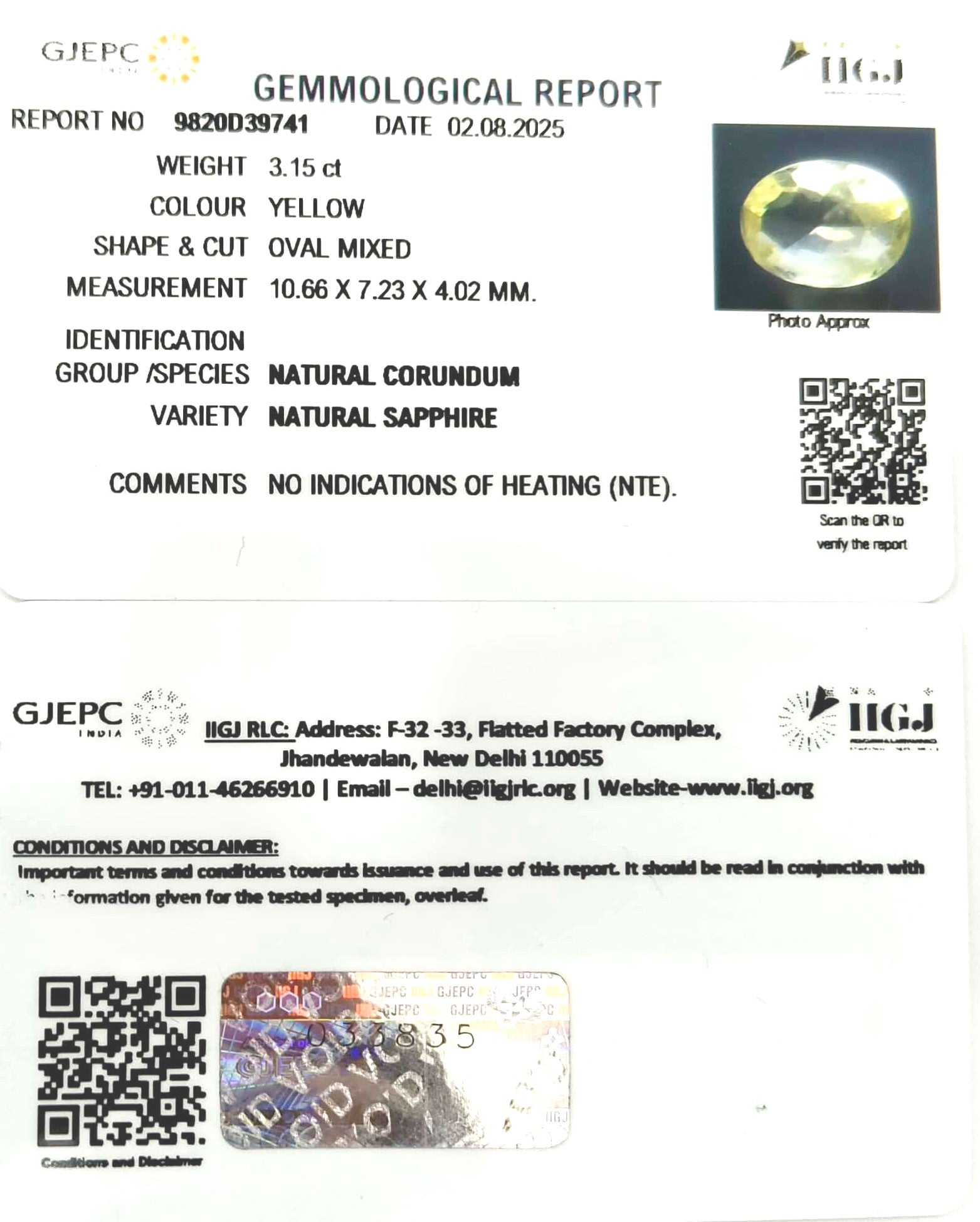 3.15/CT Natural Yellow Sapphire With Govt Lab Certificate (34410)