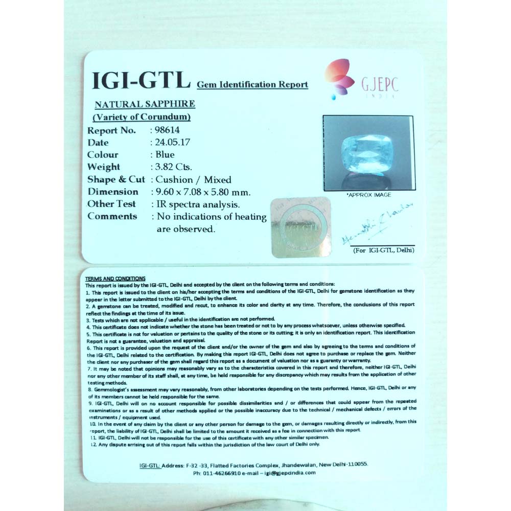 3.82/CT Natural Blue Sapphire with Govt Lab Certificate-BLUSA9V