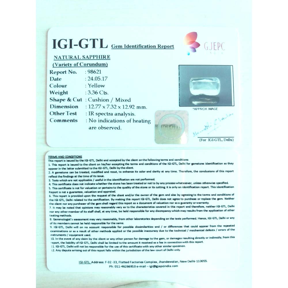 3.73 Ratti Natural yellow sapphire with Govt Lab Certificate-(6771)
