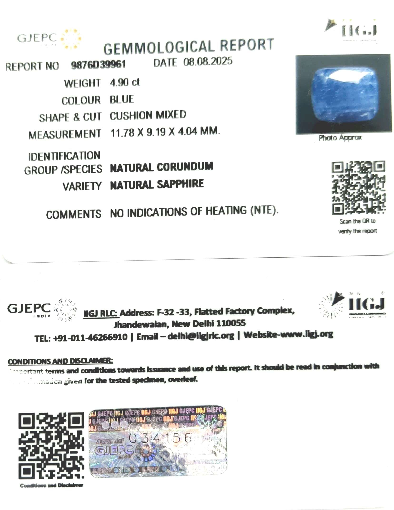 4.90/CT Natural Blue Sapphire with Govt Lab Certificate