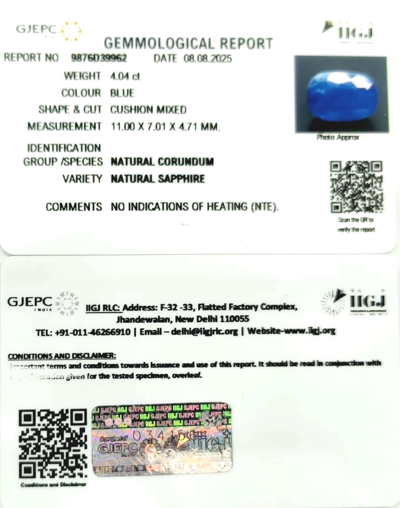 4.48 Ratti Natural Blue Sapphire with Govt Lab Certificate (8991)