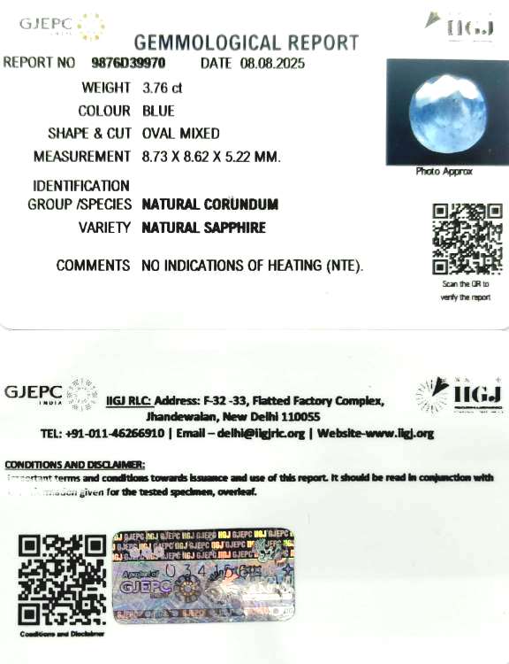 3.76/CT Natural Blue Sapphire with Govt Lab Certificate (8991)