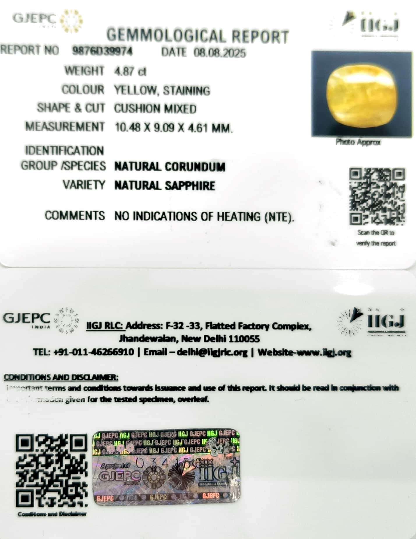4.87/CT Natural Yellow Sapphire With Govt Lab Certificate (9876D39974)