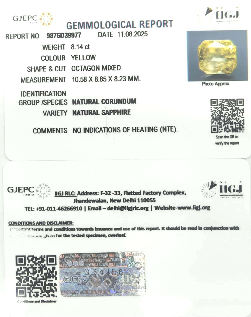 8.14/CT Natural Yellow Sapphire With Govt Lab Certificate (67710)