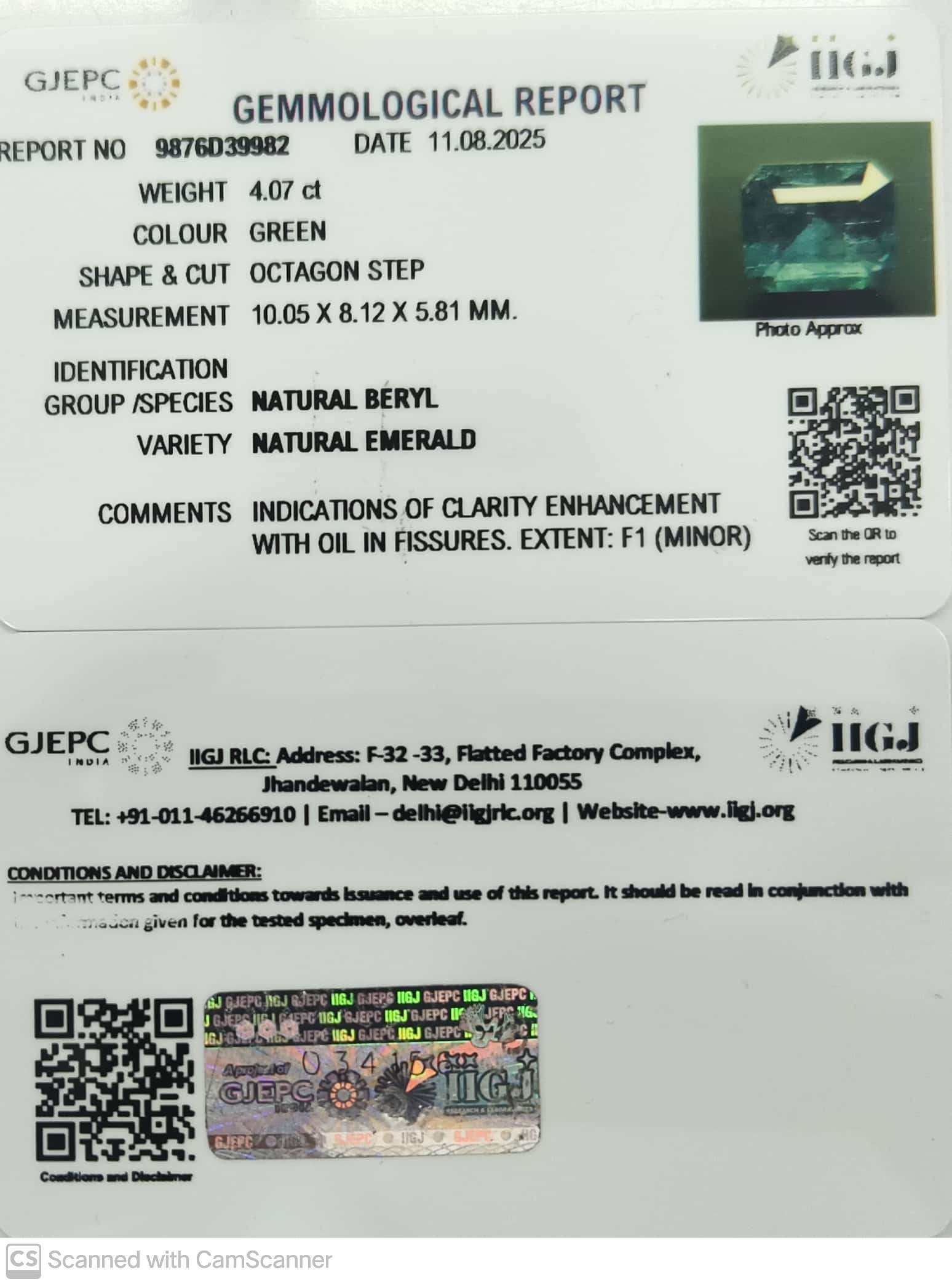 4.07/CT Natural Panna Stone with Govt. Lab Certificate (45510)