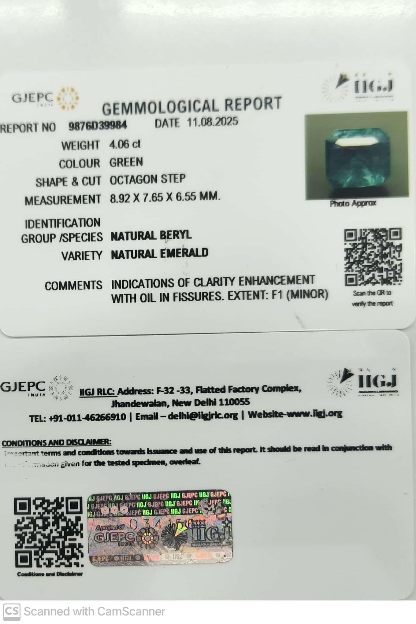 4.06/CT Natural Panna Stone with Govt. Lab Certificate (56610)