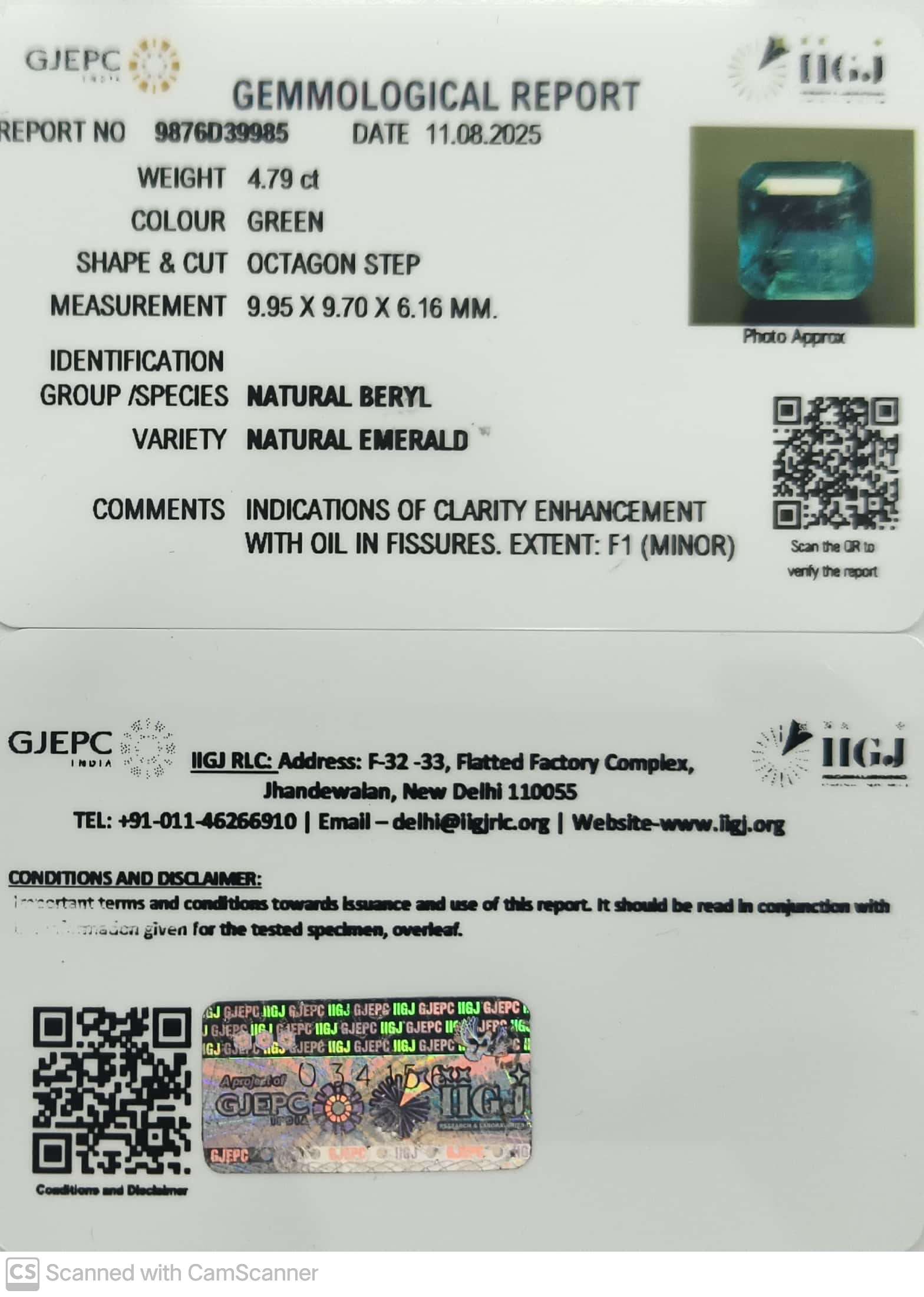 4.79/CT Natural Panna Stone with Govt. Lab Certificate (45510)