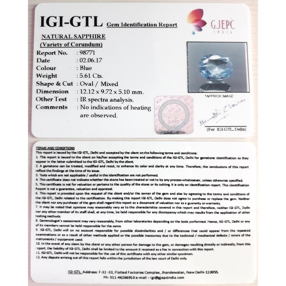5.61/CT Natural blue sapphire with Govt. Lab Certificate-BLUSA9A