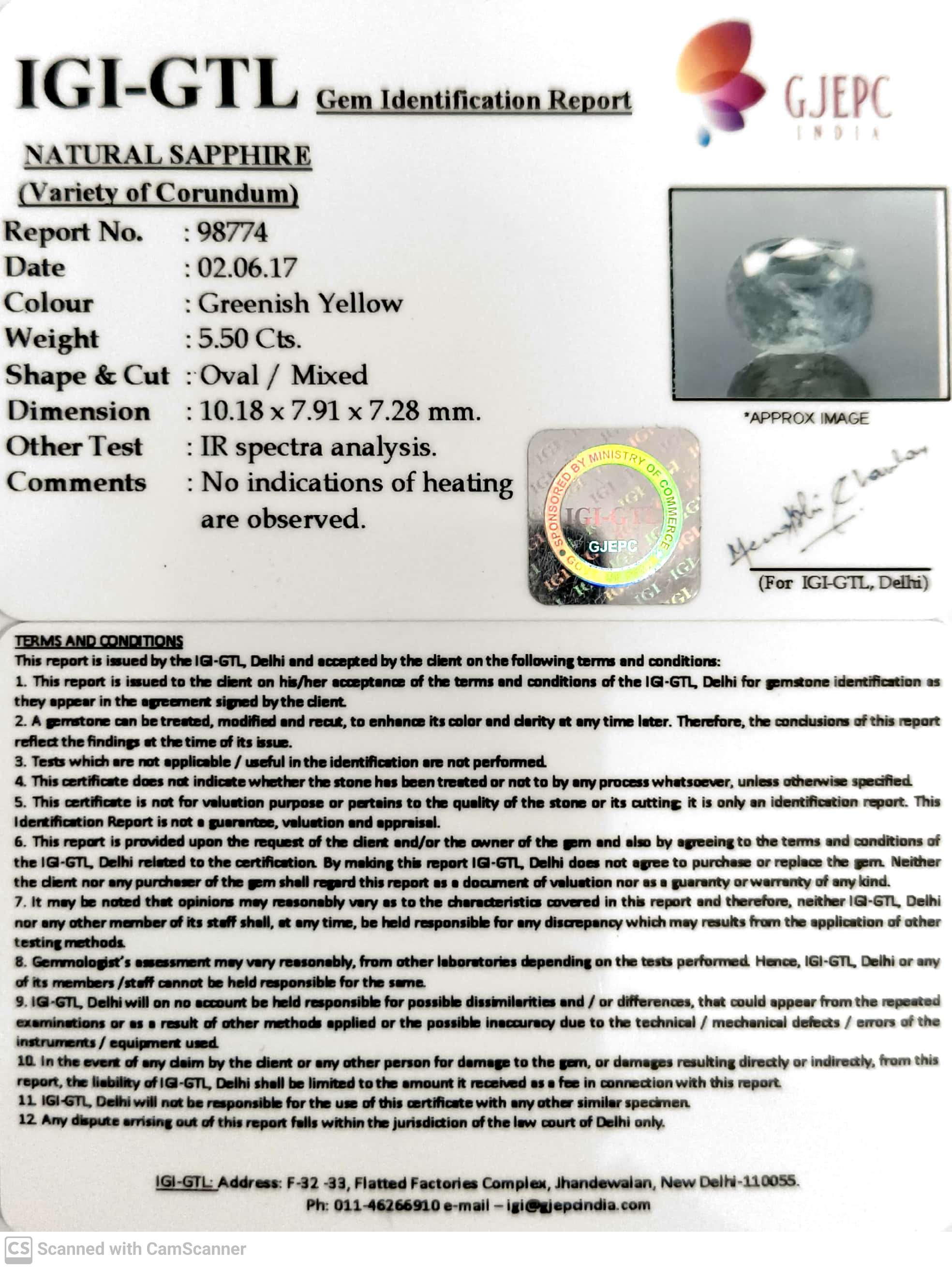 5.50/CT Natural Green Sapphire with Govt. Lab Certified Gemstone-98774