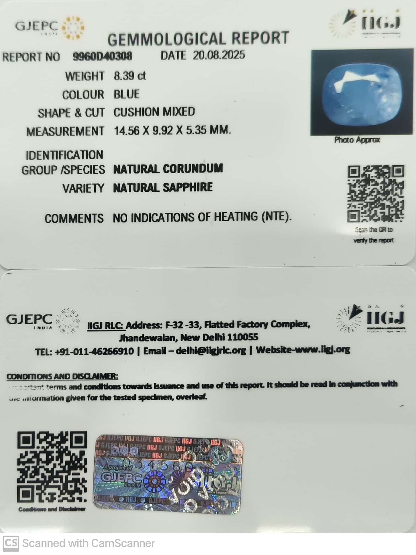 8.39/CT Natural Blue Sapphire with Govt Lab Certificate (16650)