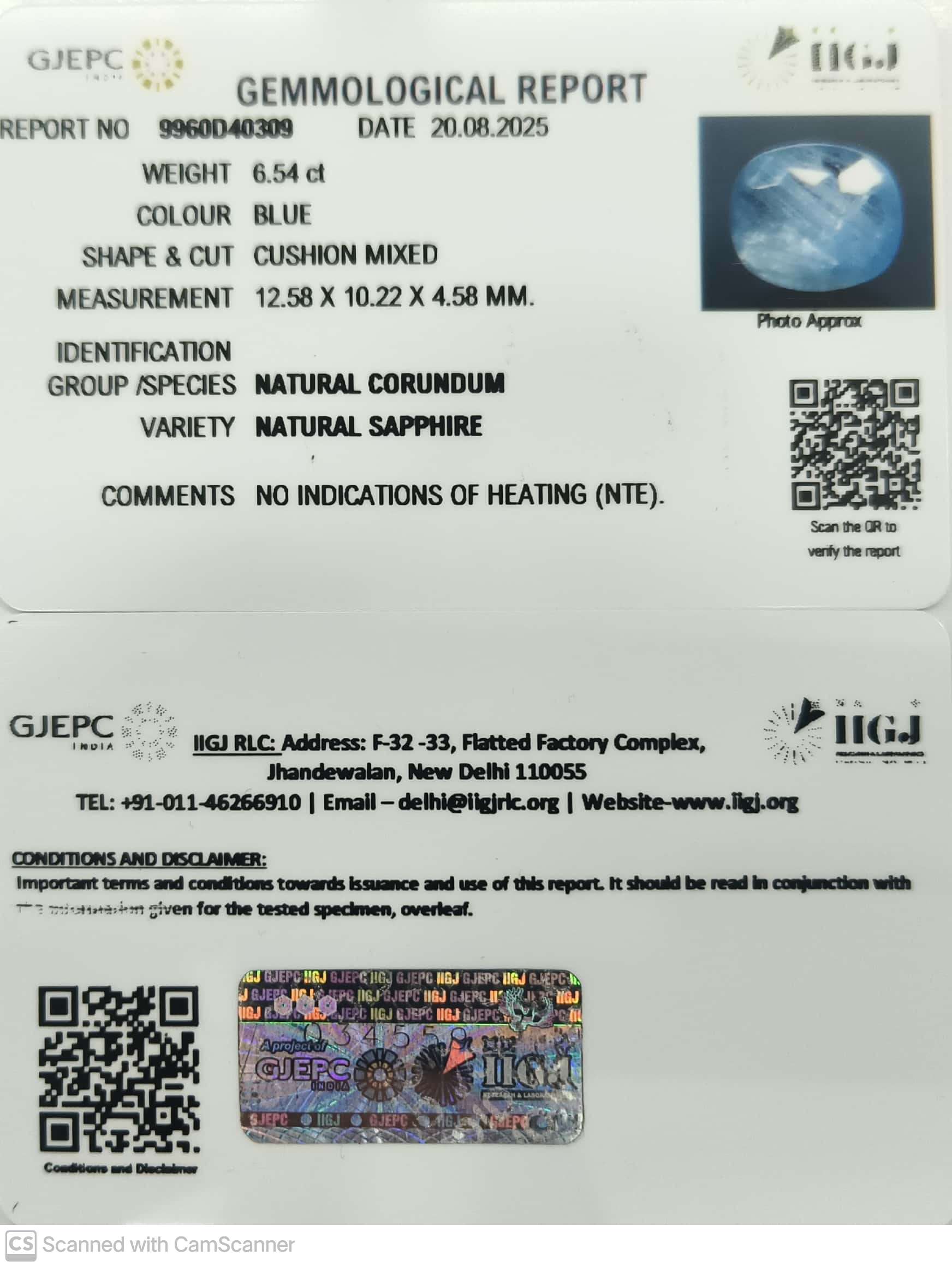 6.54/CT Natural Blue Sapphire with Govt Lab Certificate (16650)
