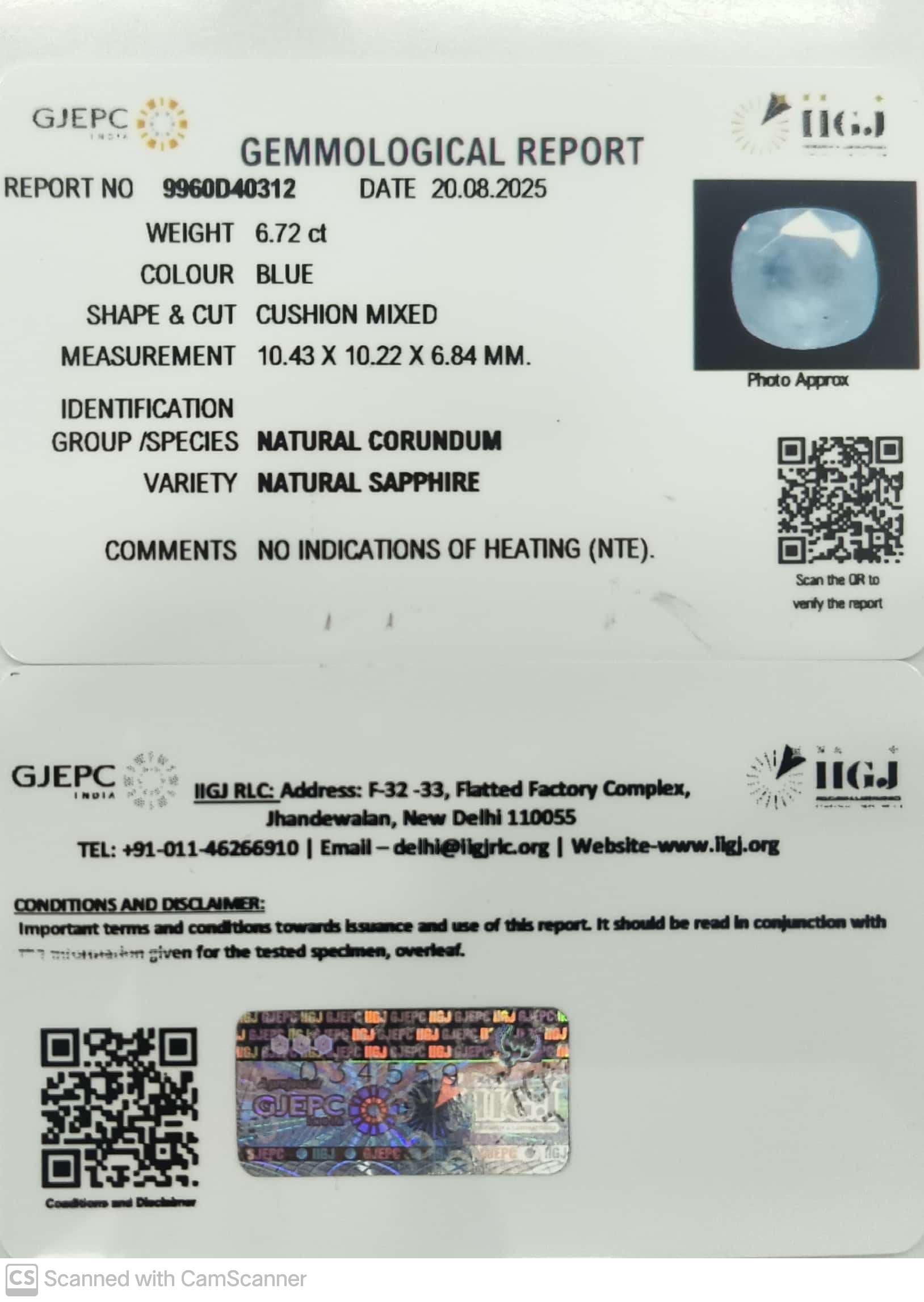 6.72/CT Natural Blue Sapphire with Govt Lab Certificate (6771)