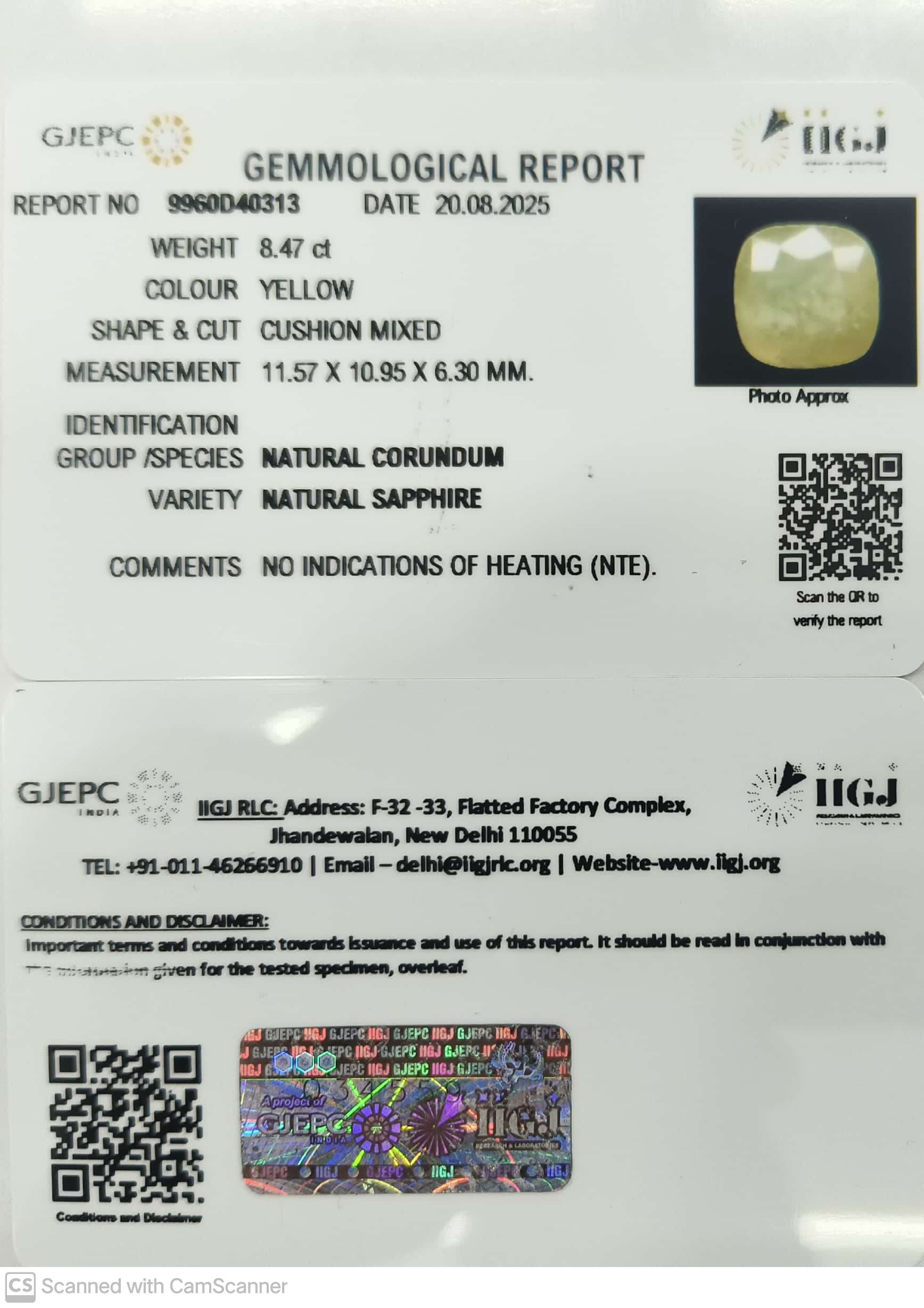 8.47/CT Natural Yellow Sapphire With Govt Lab Certificate (4551)