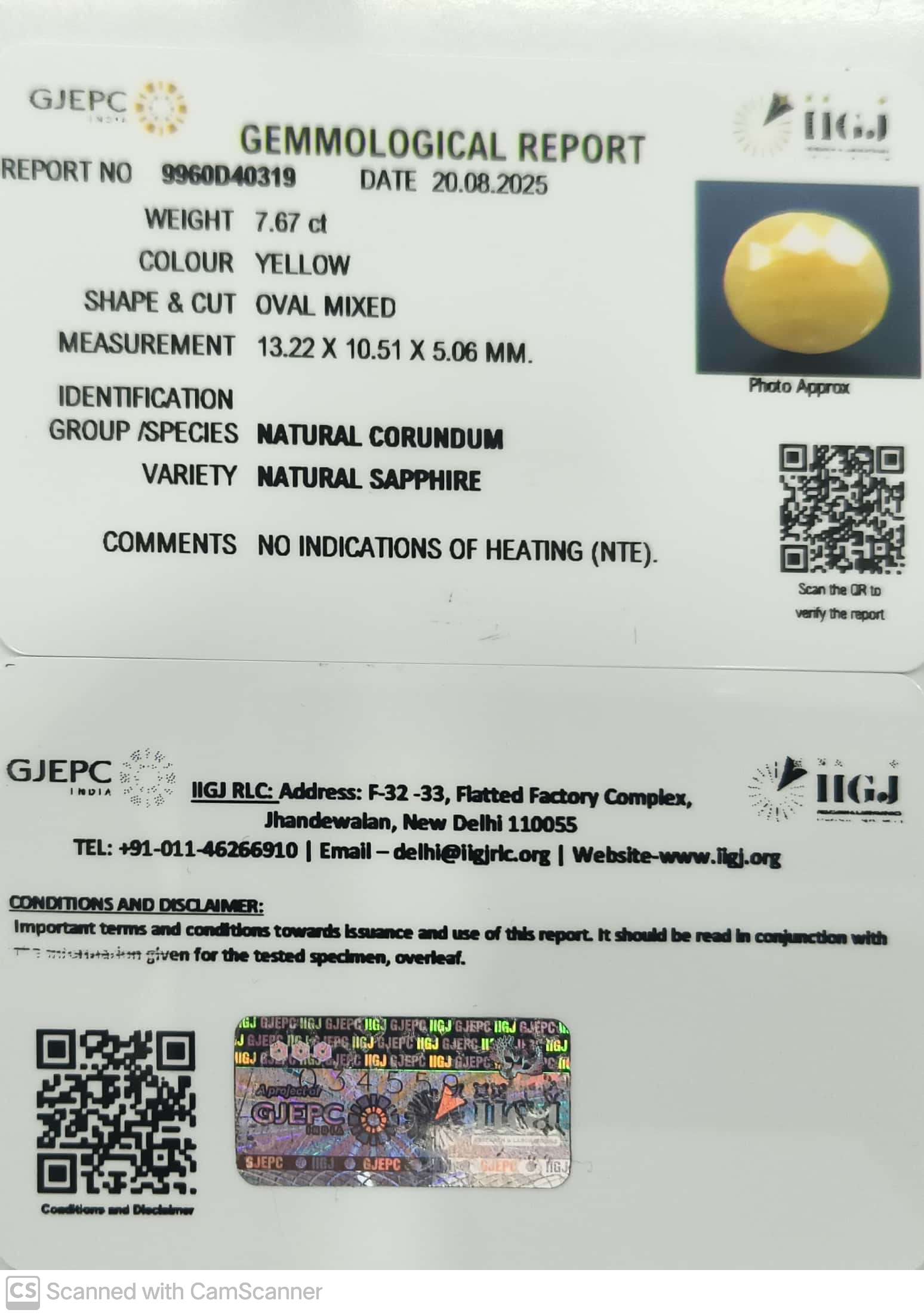 7.67/CT Natural Yellow Sapphire With Govt Lab Certificate (9960D40319)