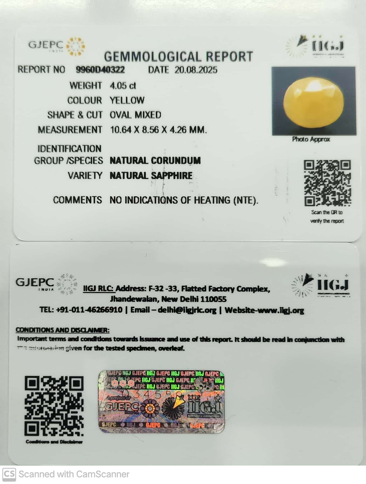 4.05/CT Natural Yellow Sapphire With Govt Lab Certificate (1221)