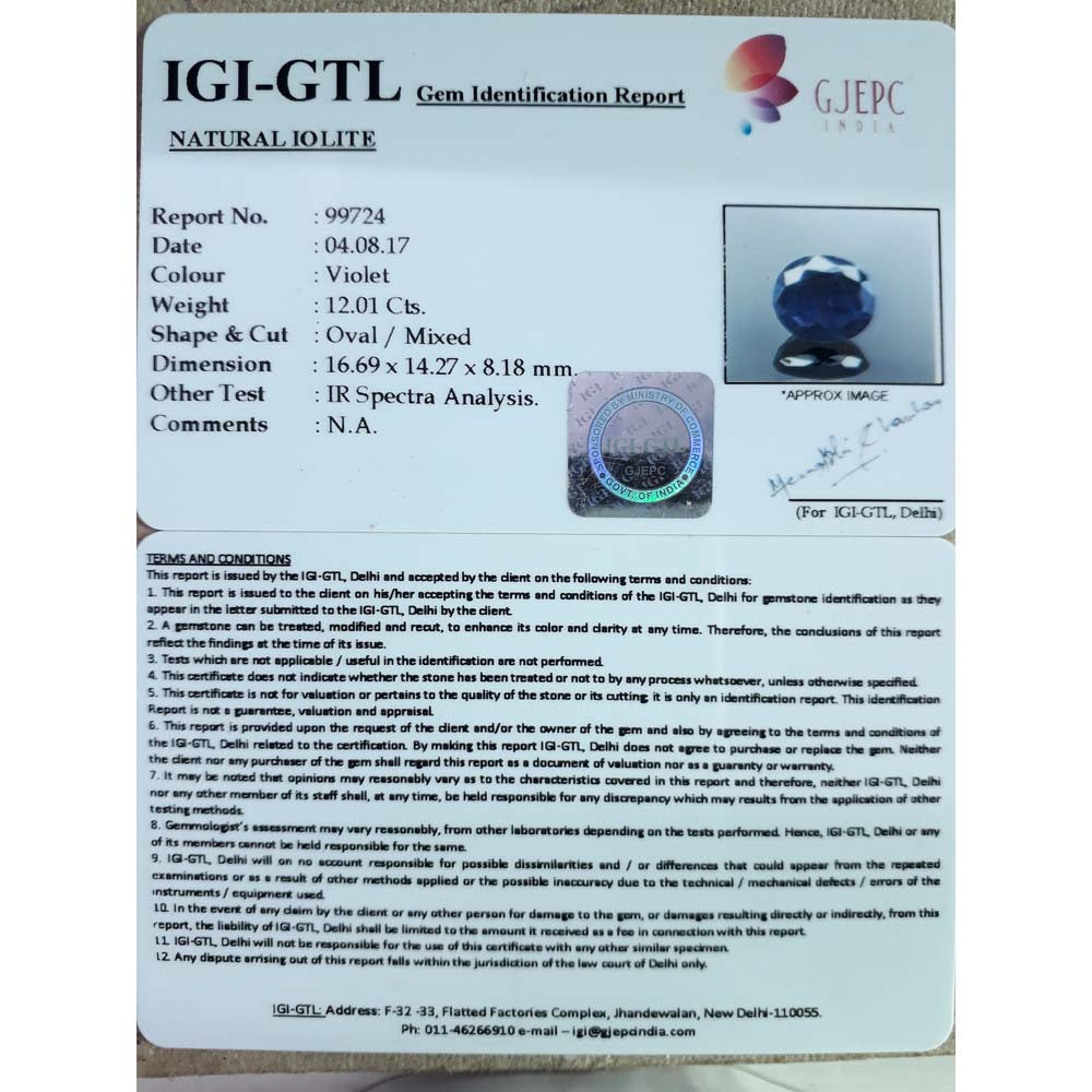 13.34 Ratti Natural Iolite with Govt. Lab Certificate-(550)