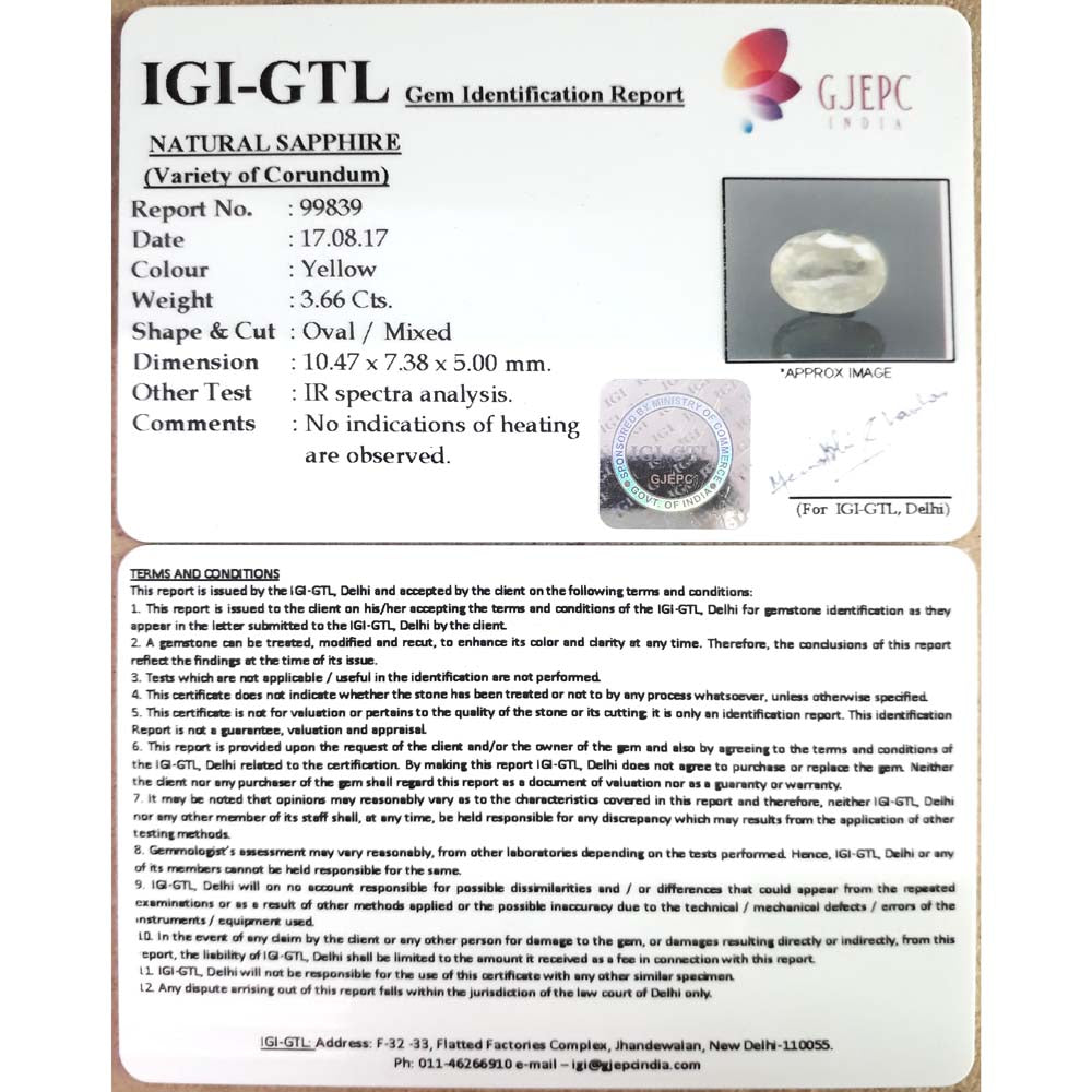 4.07 Ratti yellow sapphire with Govt Lab Certificate-(YELSA9T)