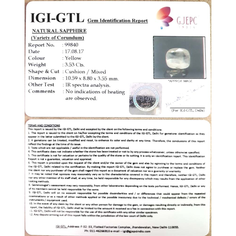 3.72 Ratti yellow sapphire with Govt Lab Certificate-(6771)