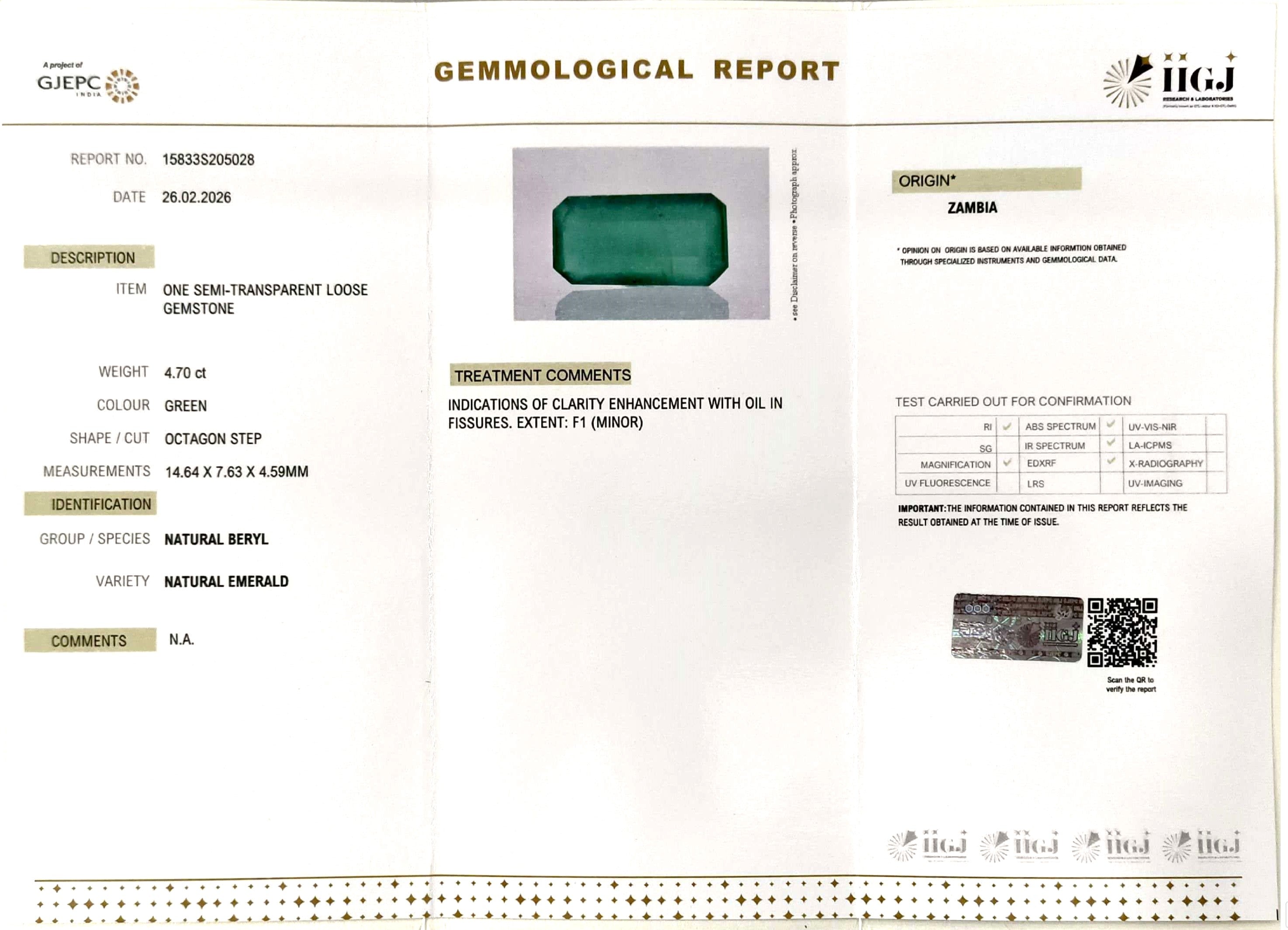 4.70/CT Natural Panna Stone with Govt. Lab Certificate-15833S205028