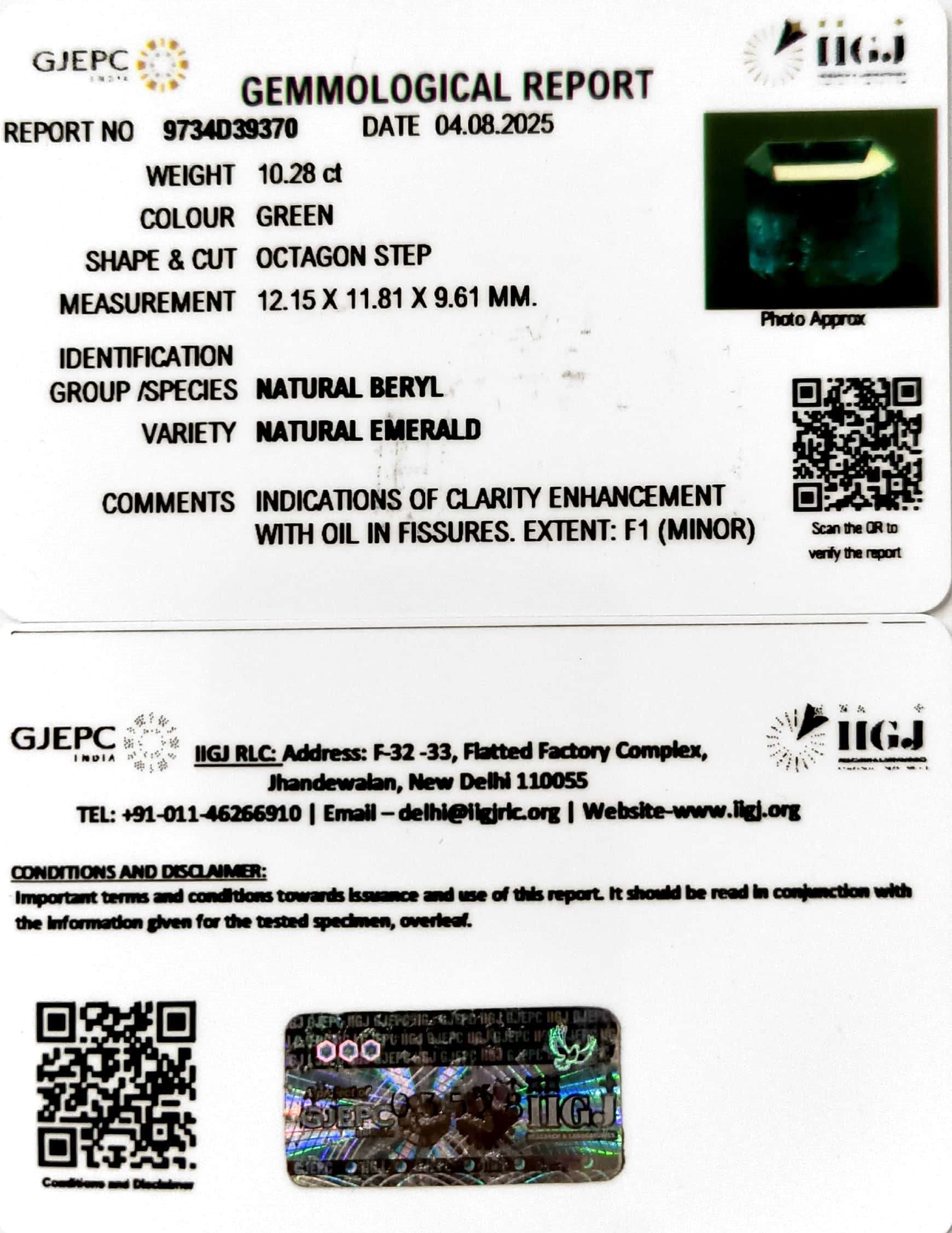 10.28/CT Natural Panna Stone with Govt. Lab Certificate (34410)