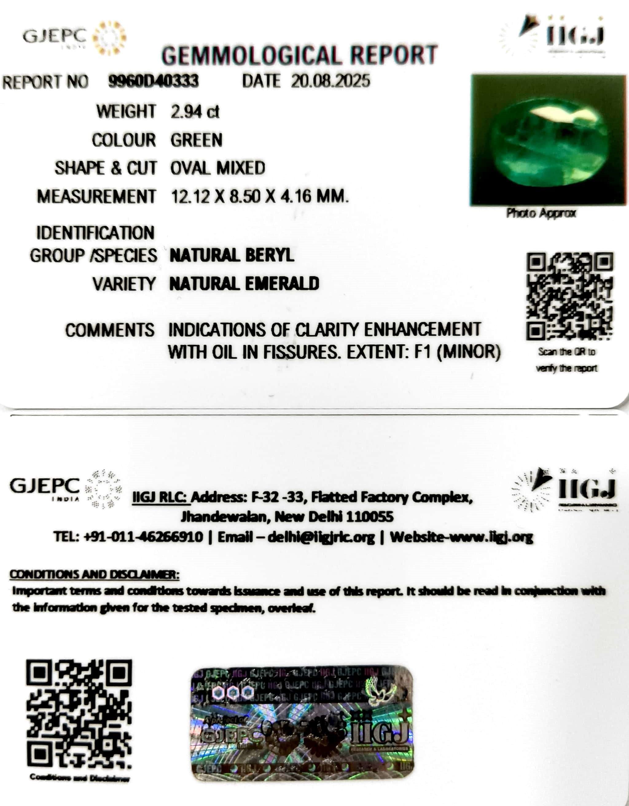 2.94/CT Natural Panna Stone with Govt. Lab Certificate (56610)