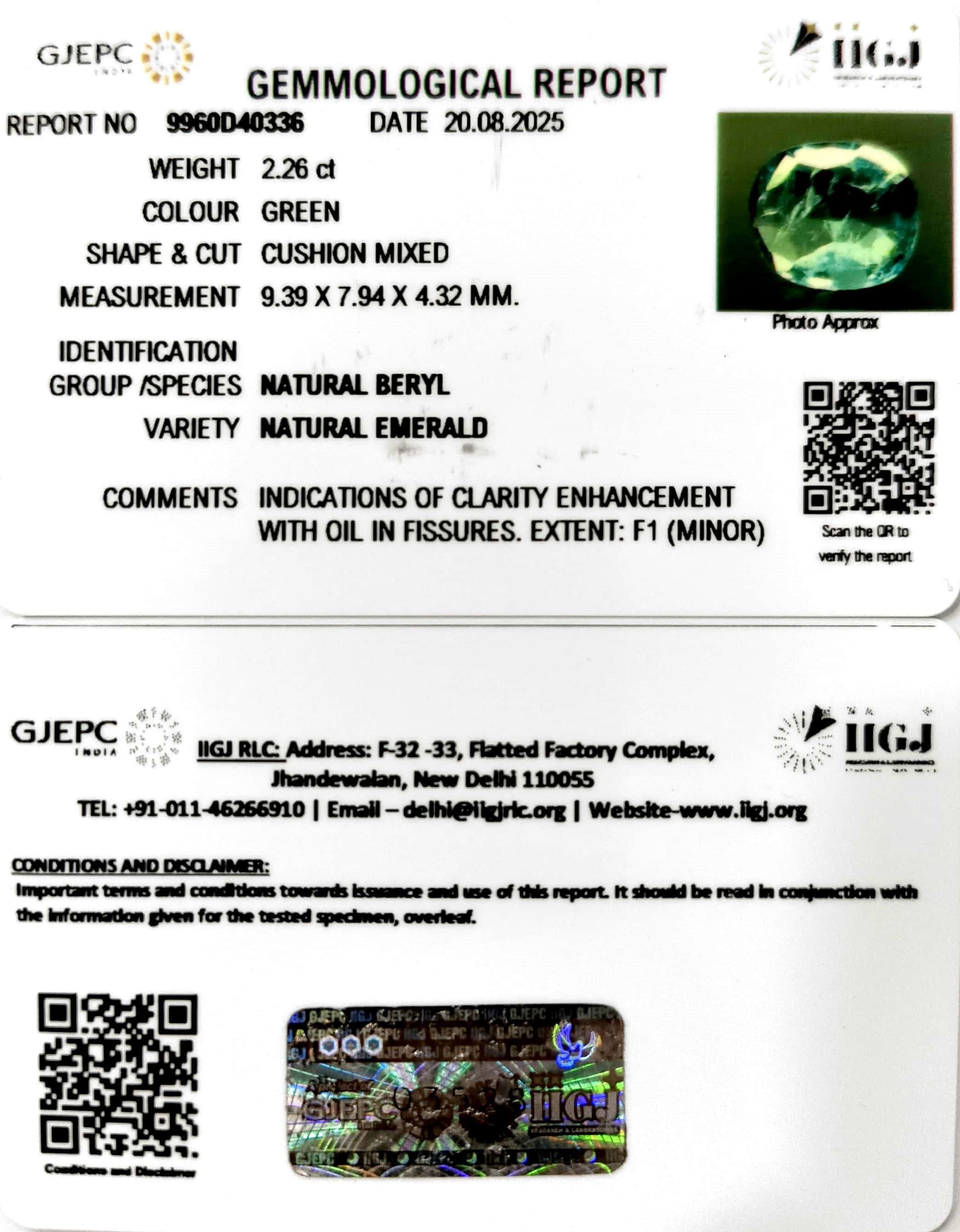 2.26/CT Natural Panna Stone with Govt. Lab Certificate (56610)