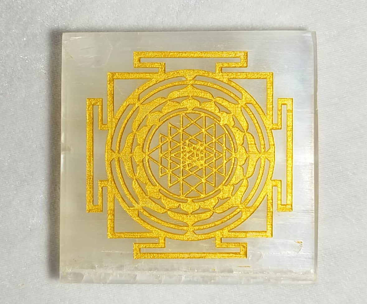 Golden Shri Yantra Selenite Charging Plate - SELENITE 047