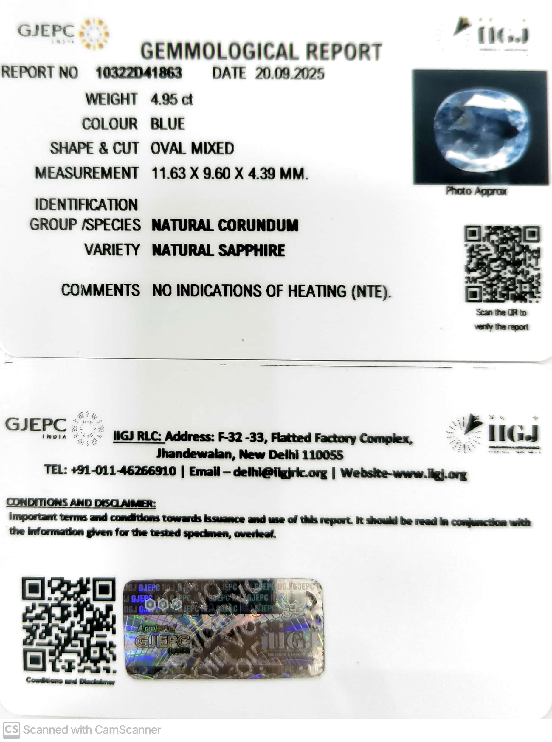 4.95/CT Natural Blue Sapphire with Govt Lab Certificate (12210)