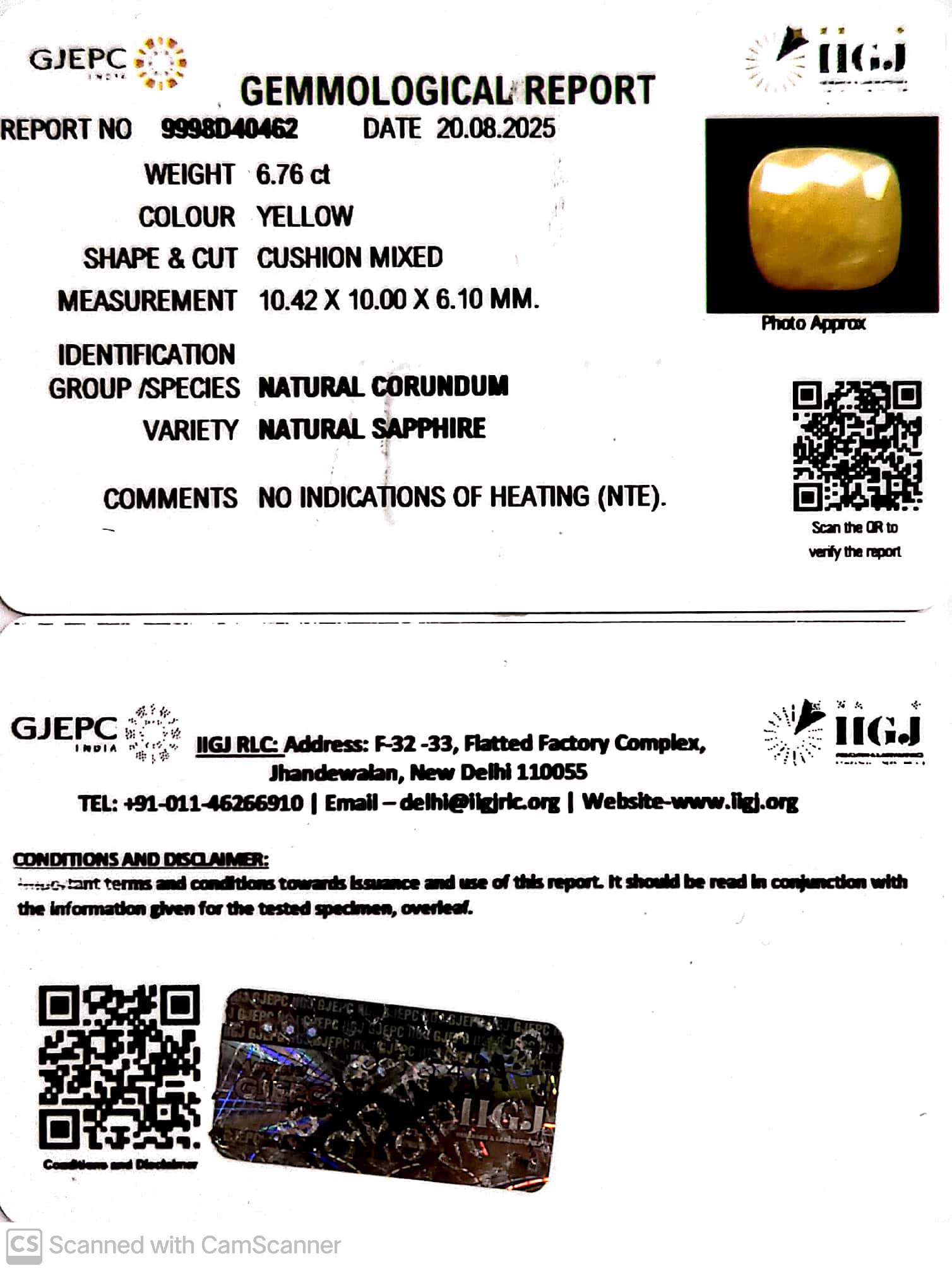 6.76/CT Natural Yellow Sapphire With Govt Lab Certificate (1221)